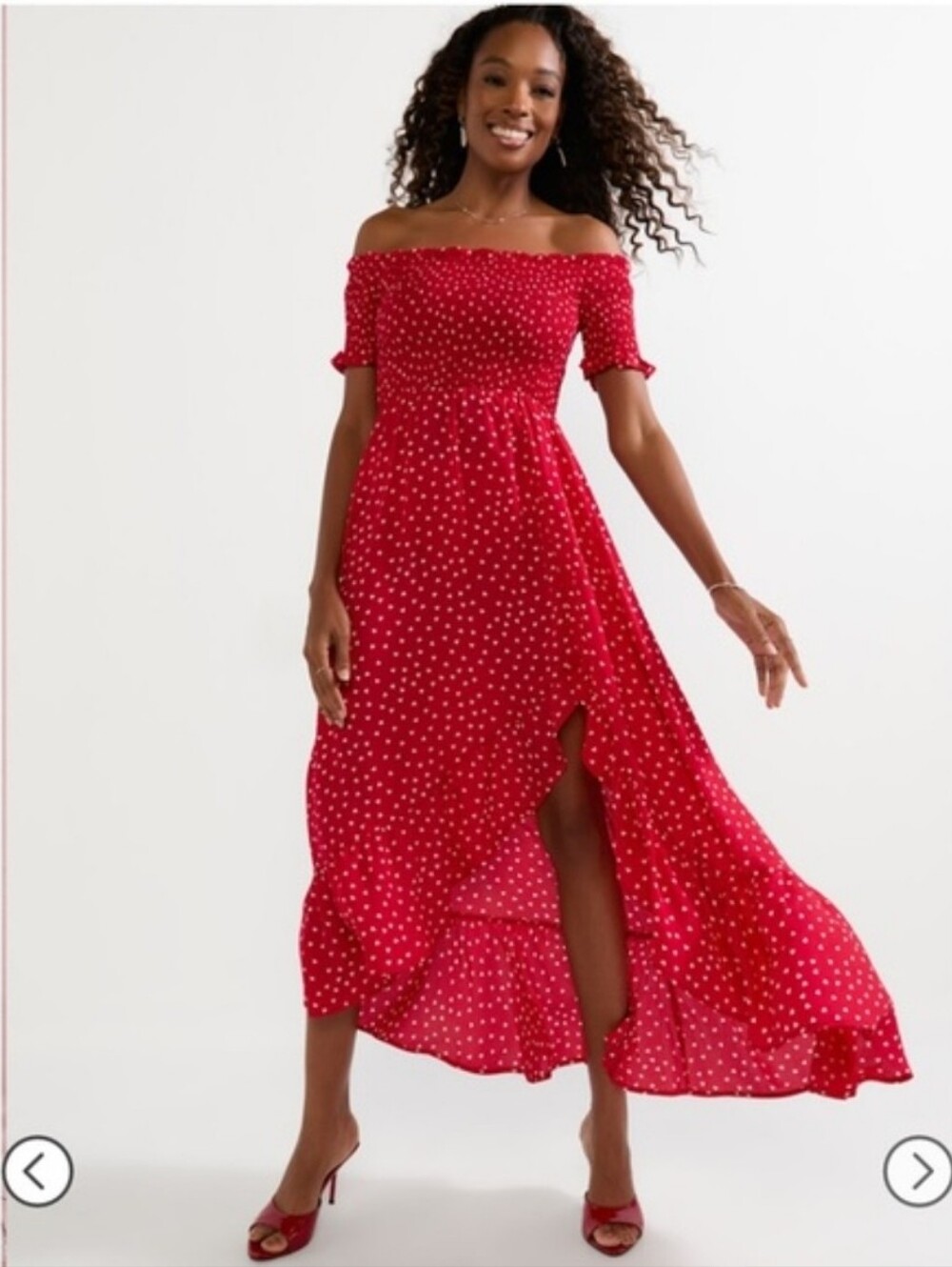 Francescas Red White Heart Off Shoulder Long Dress Smocked Sz S